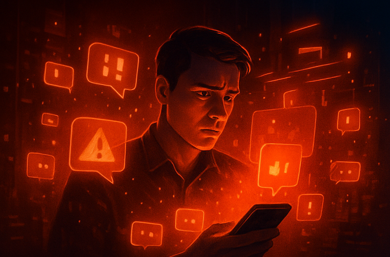 Persona rodeada de alertas digitales rojas representando una crisis viral previa al Rescate Urgente de Reputación en Redes Sociales.