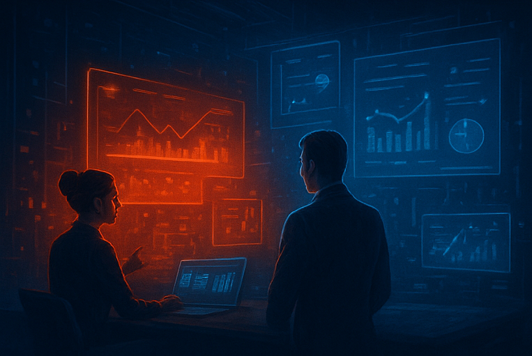 Equipo profesional trabajando con paneles digitales y métricas durante un Rescate Urgente de Reputación en Redes Sociales.