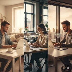 Profesionales colaborando desde distintos lugares mediante Google Drive y Meet.