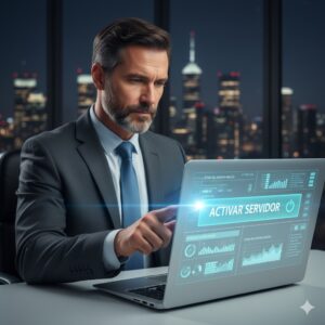 Empresario contratando hosting empresarial en línea