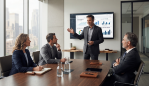 Asesor tecnológico presentando una solución de correo empresarial con soporte a un equipo directivo.