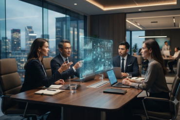Directivos analizando la implementación de un Chat AI empresarial durante una reunión estratégica.