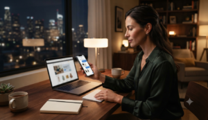 Cliente interactuando con un Chat AI empresarial desde un teléfono móvil fuera del horario laboral.