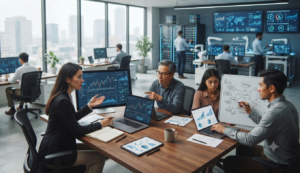 Equipo empresarial concentrado en tareas estratégicas mientras la inteligencia artificial automatiza procesos.