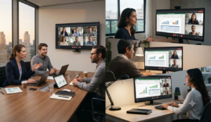 Equipo híbrido colaborando mediante Google Workspace desde diferentes ubicaciones.