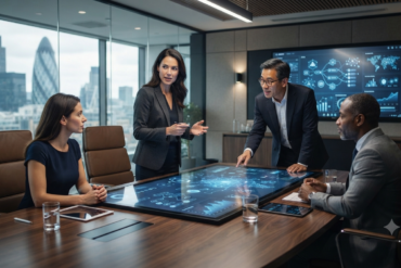 Directivos analizando la implementación de un Chat AI para empresas durante una reunión estratégica.