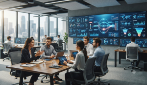 Equipo comercial concentrado en ventas mientras un Chat AI automatiza consultas repetitivas.