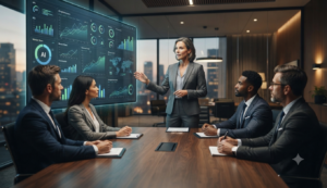 Director presentando los resultados obtenidos tras implementar un Chat AI para empresas.