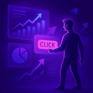 Ilustración futurista en tonos morados con gráficos de datos y flechas que apuntan a un CTA brillante