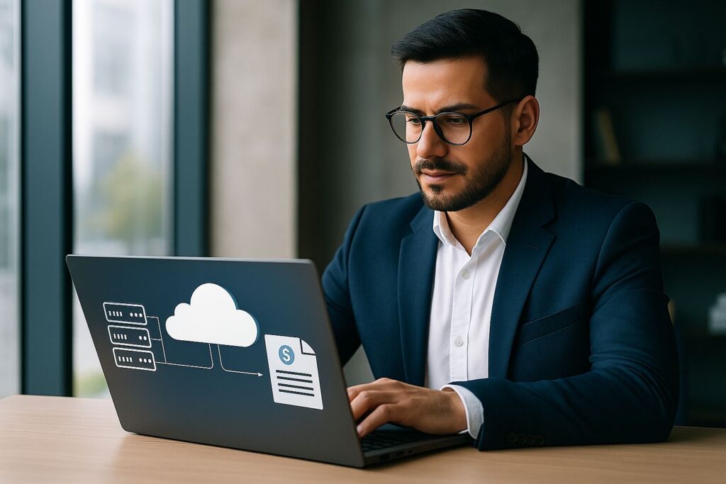 Empresario mexicano contratando un servidor Cloud con CFDI en laptop