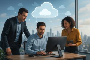 Empresa creciendo con tecnología cloud y equipo colaborando
