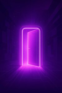 Ilustración futurista en morado de una puerta digital abierta iluminada, simbolizando nuevas oportunidades