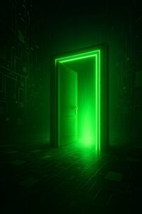 Puerta digital verde iluminada que representa oportunidades de crecimiento