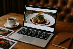 Pantalla de computadora con diseño web elegante de restaurante