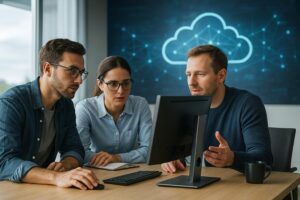 Equipo colaborando en oficina moderna con fondo digital y nube tecnológica