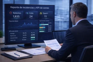 equipo TI analizando logs y métricas de correo