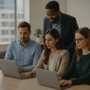 Equipo de trabajo optimizando costos de Google Workspace con buzones combinados