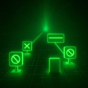 Camino digital verde con obstáculos luminosos que representan errores comunes