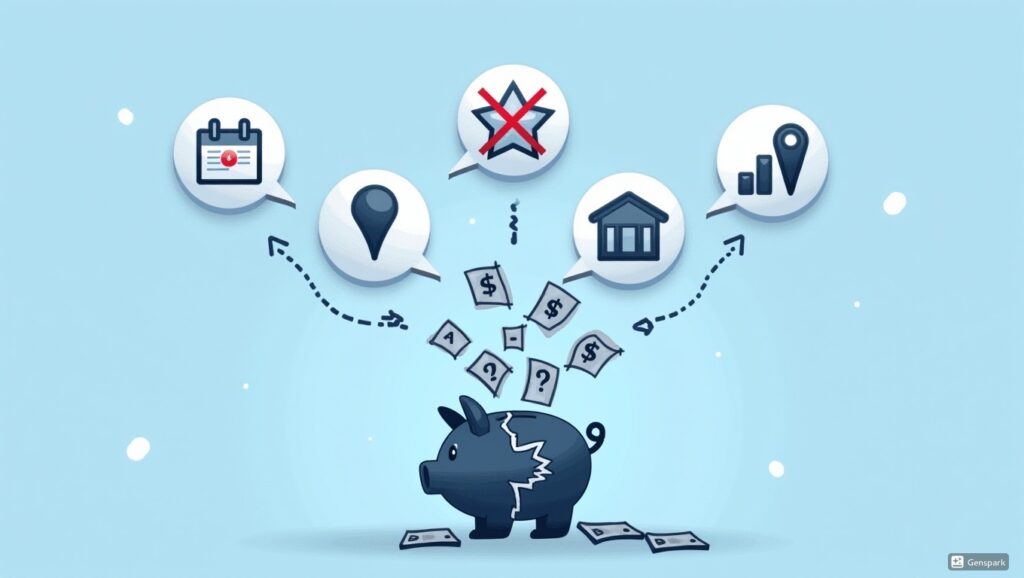 Infografía que muestra cinco errores comunes en el marketing digital para negocios locales: información inconsistente, reseñas ignoradas, estrategias genéricas, falta de métricas y mal uso del presupuesto.