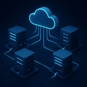 Red interconectada de servidores cloud con luces y balanceo de carga