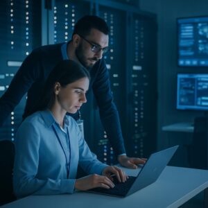 Técnicos supervisando servidores con pantallas de monitoreo