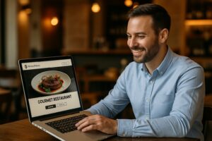 Equipo de restaurante brindando frente a una laptop con su nueva web