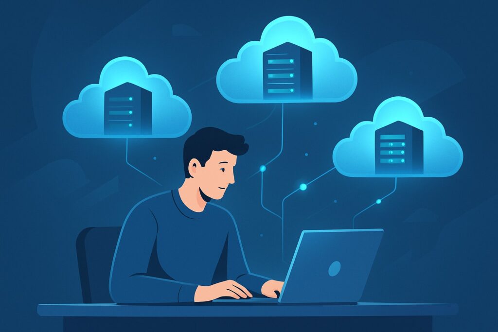 Emprendedor trabajando en laptop conectado a servidores en la nube