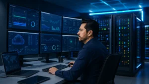 Especialista supervisando un servidor VPS empresarial