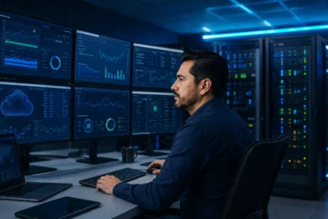 Especialista supervisando un servidor VPS empresarial
