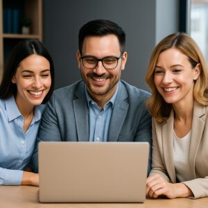 Equipo empresarial mexicano celebrando el éxito de su nuevo sitio web