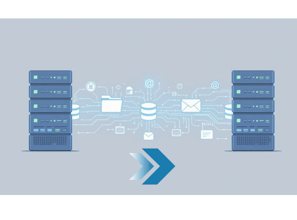 Ilustración de migración de hosting mostrando transferencia de archivos y datos entre servidores